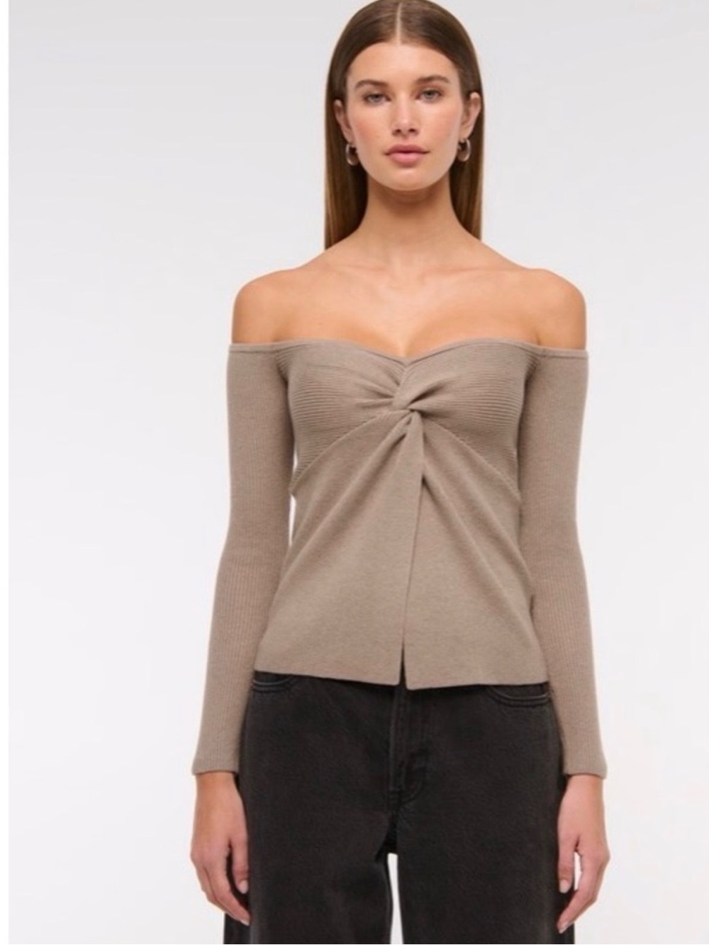 Abercrombie Off-Shoulder Twist Front Long Sleeve Sweater - Taupe